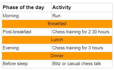 Training schedule at the Botvinnik Kasparov chess school